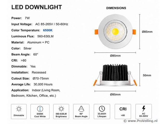 25 x led downlight – 7w – draaibaar – dimbaar – 6500k koud wit – zilver - afbeelding 3 van  4
