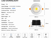 25 x led downlight – 7w – draaibaar – dimbaar – 6500k koud wit – zilver - afbeelding 3 van  4