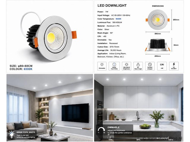 25 x led downlight – 7w – draaibaar – dimbaar – 6500k koud wit – zilver - afbeelding 4 van  4