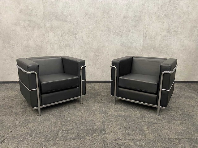 2x design fauteuil zwart leder, chroom - afbeelding 1 van  14
