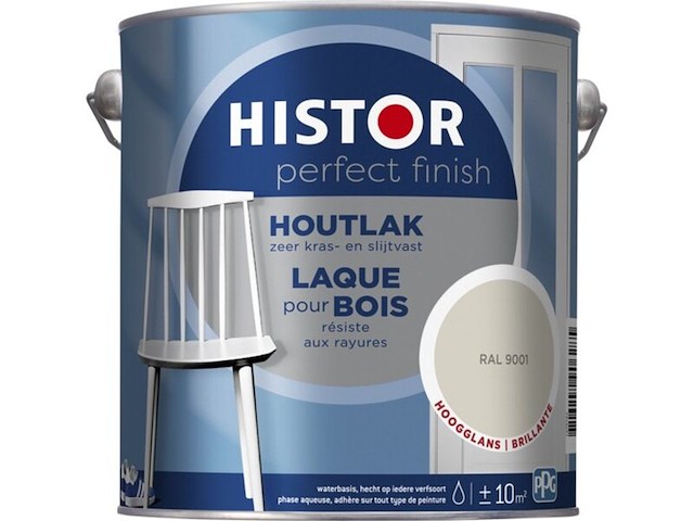 2x houtlak, histor, perfect finish, ral 9001 - wit, hoogglans 2.5l - afbeelding 1 van  2