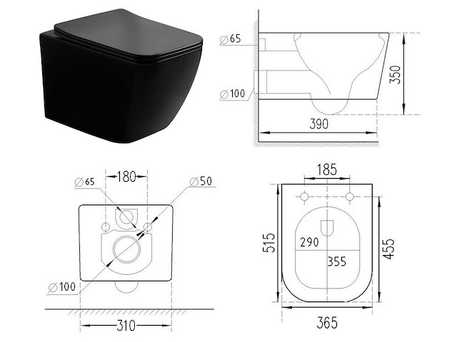 2x mawialux inbouw wandclosetten met closetzittingen mat zwart of mat wit - afbeelding 6 van  7