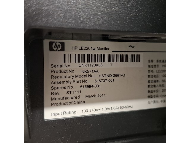 2x monitor, hp, le2201w, 2011 - afbeelding 13 van  14