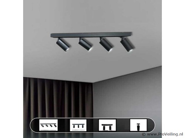 3 x gu10 opbouwspot armatuur – 4 draaibare spots – ip20 – zwart - afbeelding 4 van  5