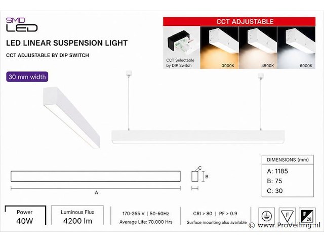 3 x led lineaire hanglamp 40w – 3cct instelbaar - wit – innova3-40 3cct - afbeelding 4 van  5