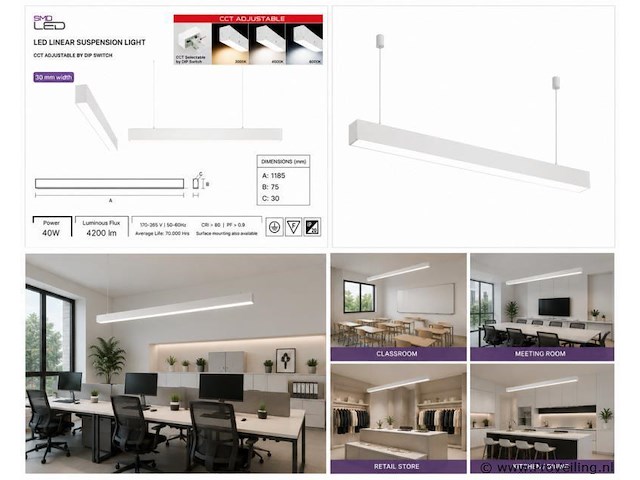 3 x led lineaire hanglamp 40w – 3cct instelbaar - wit – innova3-40 3cct - afbeelding 5 van  5