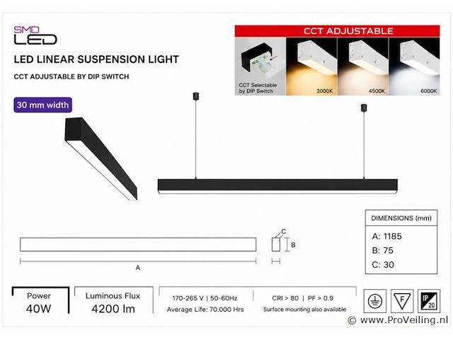 3 x led lineaire hanglamp 40w – 3cct instelbaar - zwart – innova3-40 3cct - afbeelding 4 van  5