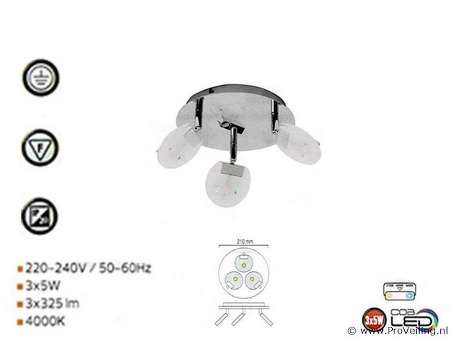 3 x led plafondlamp – 3 spots – 3 x 5w – 4000k neutraal wit – zilver – hl7160l - afbeelding 3 van  4
