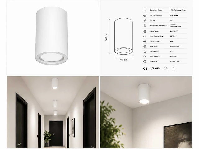 30 x led opbouw spot 5w – 4200k neutraal wit - wit – ip20 – sandra-5/xl - afbeelding 2 van  5