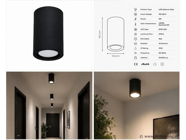 30 x led opbouw spot 5w – 4200k neutraal wit - zwart – ip20 – sandra-5/xl - afbeelding 4 van  5