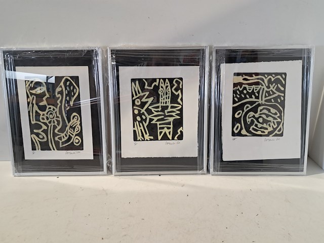 3x schilderijen, corneille etsen ingekleurd, pastel compositie - afbeelding 1 van  9