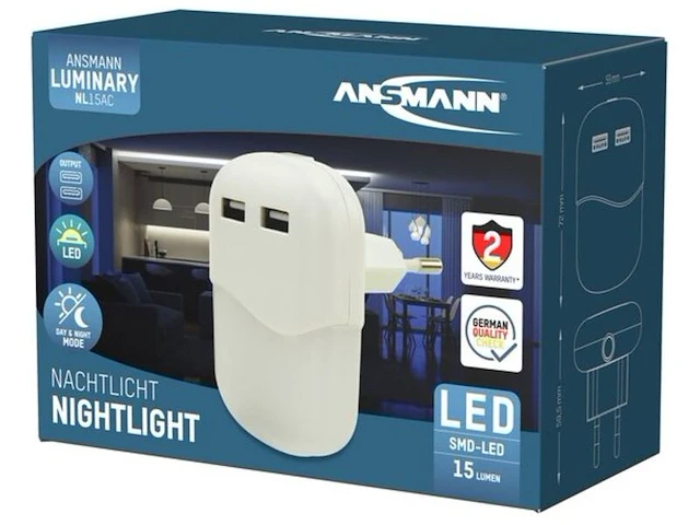 3x usb lader + nachtlampje met schemersensor ansmann, nl15ac + 2usb - afbeelding 1 van  2