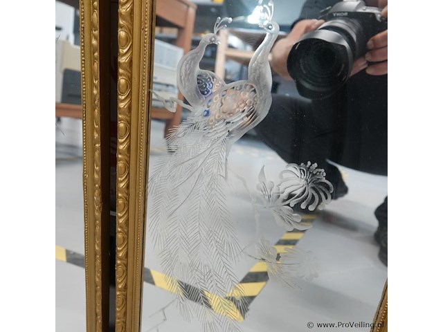 4 rechthoekige met geëtst bloem-, vogeldecor wandspiegels met smalle, goudkleurige lijsten - afbeelding 4 van  5