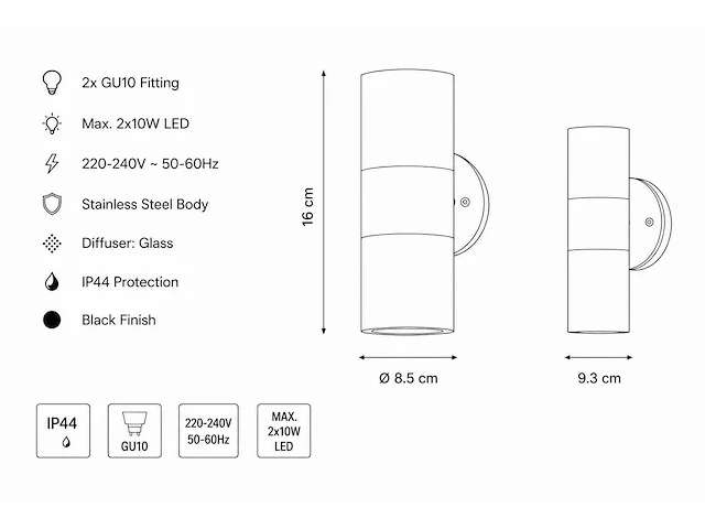 4 x buiten wandlamp up & down – 2xgu10 – mat chroom – ip44 – manolya-2 - afbeelding 15 van  15