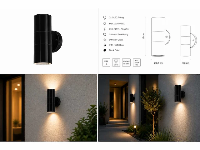 4 x buiten wandlamp up & down – 2xgu10 – zwart – ip44 – manolya-2 - afbeelding 11 van  15