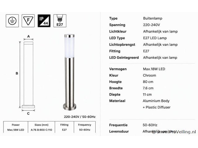 4 x buitenlamp tuinpaal – e27 – chroom – ip44 – 800mm – defne-5 - afbeelding 4 van  5