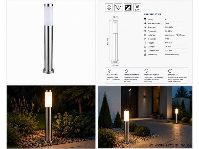 4 x buitenlamp tuinpaal – e27 – chroom – ip44 – 800mm – defne-5 - afbeelding 5 van  5