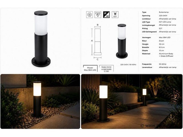 4 x buitenlamp tuinpaal – e27 – zwart – ip44 – 300mm – kavak-3 - afbeelding 5 van  5
