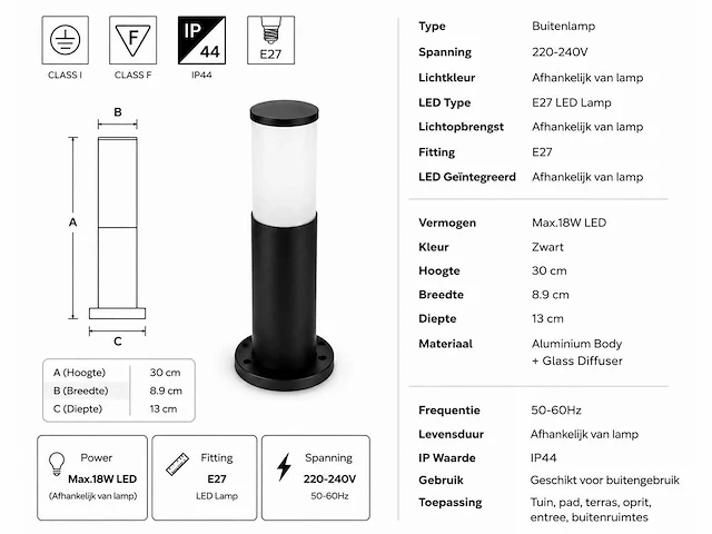 4 x buitenlamp tuinpaal – e27 – zwart – ip44 – 300mm – kavak-3 - afbeelding 5 van  15