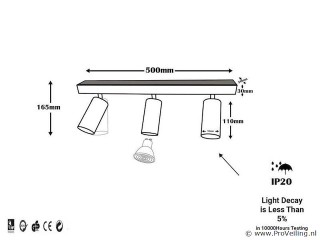 4 x gu10 opbouwspot armatuur – 3 draaibare spots – ip20 – zwart - afbeelding 4 van  4
