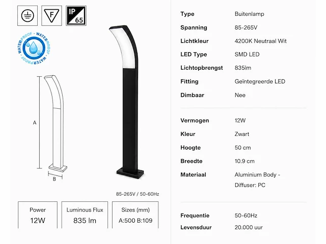 4 x led buiten sokkel lamp – 12w – 4200k neutraal wit - zwart – ip65 – prestige-3 - afbeelding 5 van  10