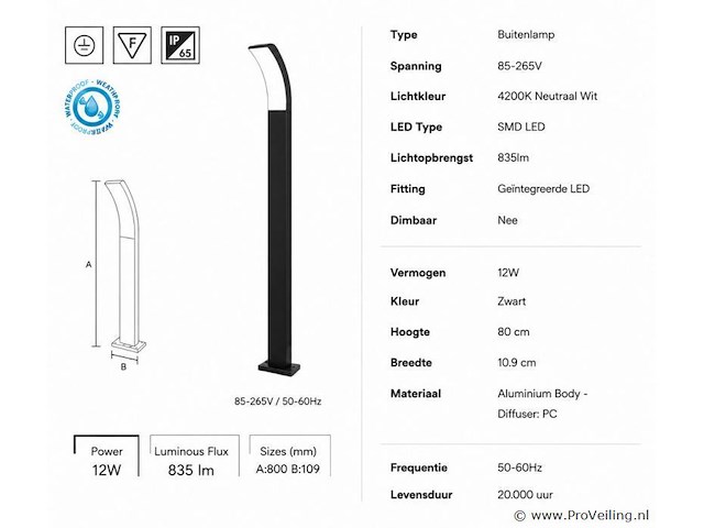 4 x led buiten sokkel lamp – 12w – 4200k neutraal wit - zwart – ip65 – prestige-4 - afbeelding 4 van  5