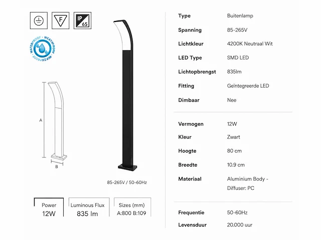 4 x led buiten sokkel lamp – 12w – 4200k neutraal wit - zwart – ip65 – prestige-4 - afbeelding 10 van  10