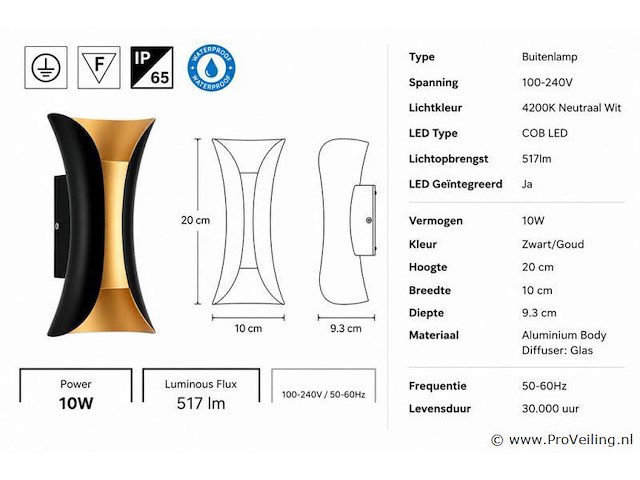 4 x led buiten wandlamp – 10w – 4200k neutraal wit - zwart/goud – ip65 – marvel-10 - afbeelding 4 van  5