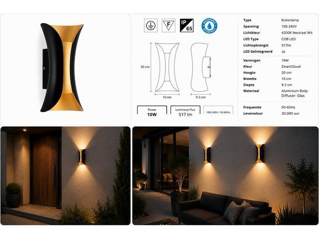4 x led buiten wandlamp – 10w – 4200k neutraal wit - zwart/goud – ip65 – marvel-10 - afbeelding 5 van  5