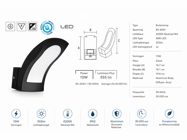 4 x led buiten wandlamp – 15w – 4200k neutraal wit - zwart – ip65 – superb - afbeelding 10 van  15