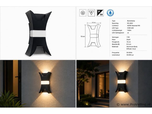 4 x led buiten wandlamp – 17w – 4200k neutraal wit - zwart – ip54 – viper - afbeelding 5 van  5