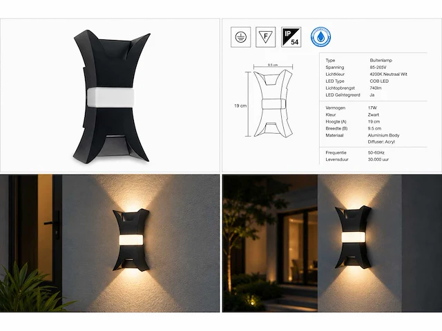4 x led buiten wandlamp – 17w – 4200k neutraal wit - zwart – ip54 – viper - afbeelding 2 van  15