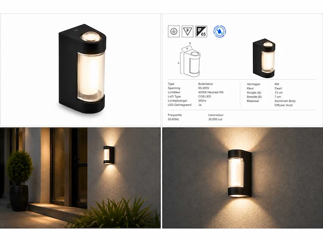 4 x led buiten wandlamp – 6w – 4200k neutraal wit - zwart – ip65 – vector-6 - afbeelding 7 van  15