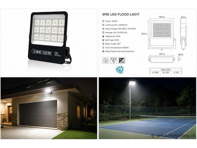 4 x led floodlight 200w – 6400k koud wit - zwart – ip65 – borneo-200 - afbeelding 5 van  5