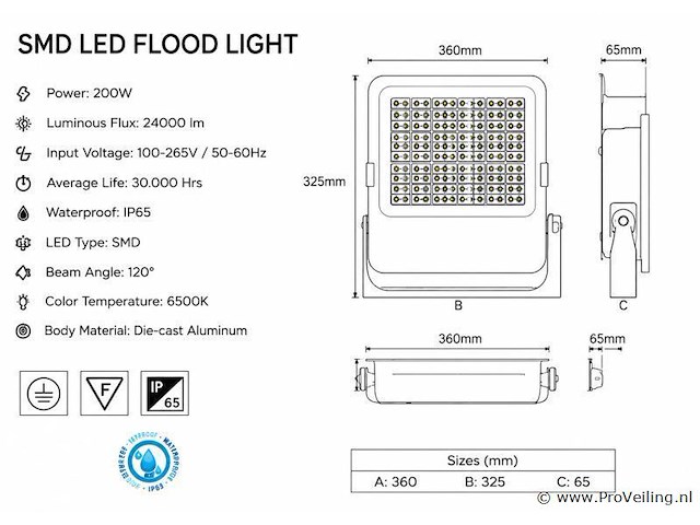 4 x led floodlight 200w – 6400k koud wit - zwart – ip65 – borneo-200 - afbeelding 4 van  5