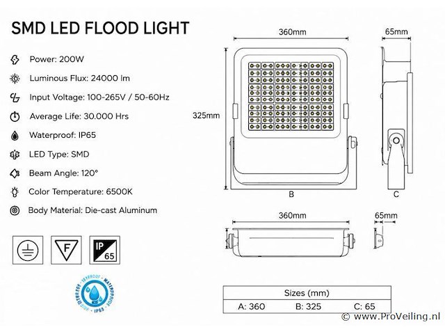 4 x led floodlight 200w – 6400k koud wit - zwart – ip65 – borneo-200 - afbeelding 4 van  5