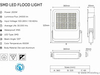 4 x led floodlight 200w – 6400k koud wit - zwart – ip65 – borneo-200 - afbeelding 4 van  5