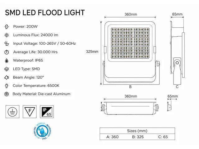 4 x led floodlight 200w – 6400k koud wit - zwart – ip65 – borneo-200 - afbeelding 4 van  5