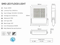 4 x led floodlight 200w – 6400k koud wit - zwart – ip65 – borneo-200 - afbeelding 4 van  5