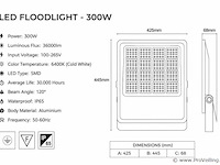 4 x led floodlight 300w – 6400k koud wit - zwart – ip65 – borneo-300 - afbeelding 4 van  5