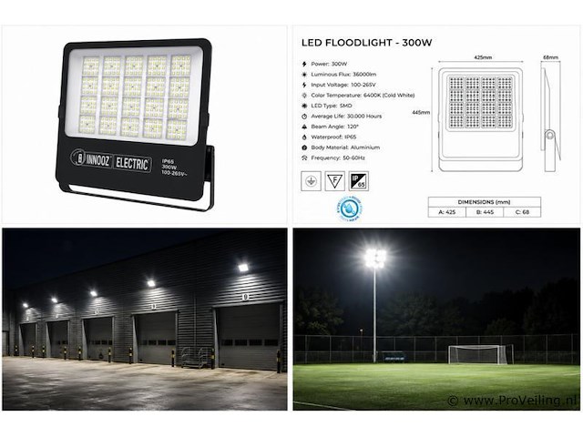 4 x led floodlight 300w – 6400k koud wit - zwart – ip65 – borneo-300 - afbeelding 5 van  5