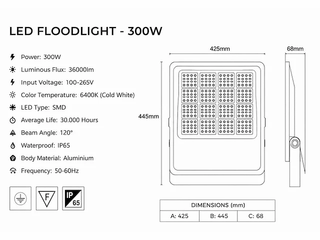 4 x led floodlight 300w – 6400k koud wit - zwart – ip65 – borneo-300 - afbeelding 4 van  5