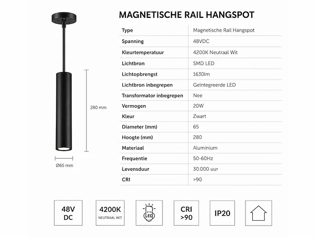 4 x led hangspot voor magnetische rail – 48v – 20w – 3000k warm wit - afbeelding 4 van  5