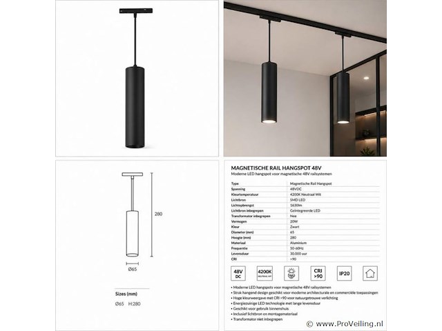 4 x led hangspot voor magnetische rail – 48v – 20w – 4200k neutraal wit - afbeelding 5 van  5