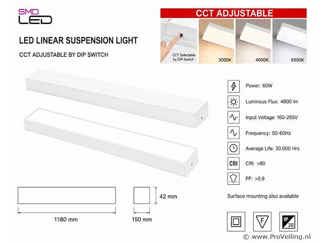 4 x led lineaire hanglamp 60w – 3cct instelbaar - wit – fortis-60 3cct - afbeelding 4 van  5