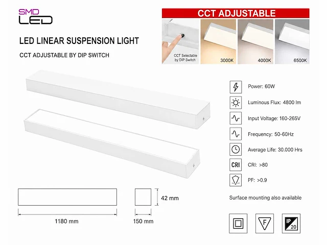 4 x led lineaire hanglamp 60w – 3cct instelbaar - wit – fortis-60 3cct - afbeelding 4 van  5
