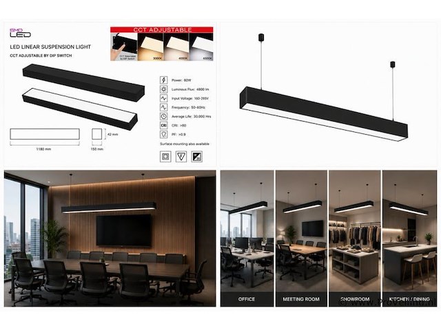 4 x led lineaire hanglamp 60w – 3cct instelbaar - zwart – fortis-60 3cct - afbeelding 5 van  5