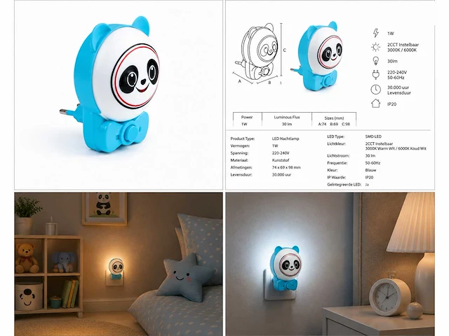 4 x led nachtlamp 1w – 2cct instelbaar - panda design – ip20 – andy 2cct - afbeelding 11 van  15