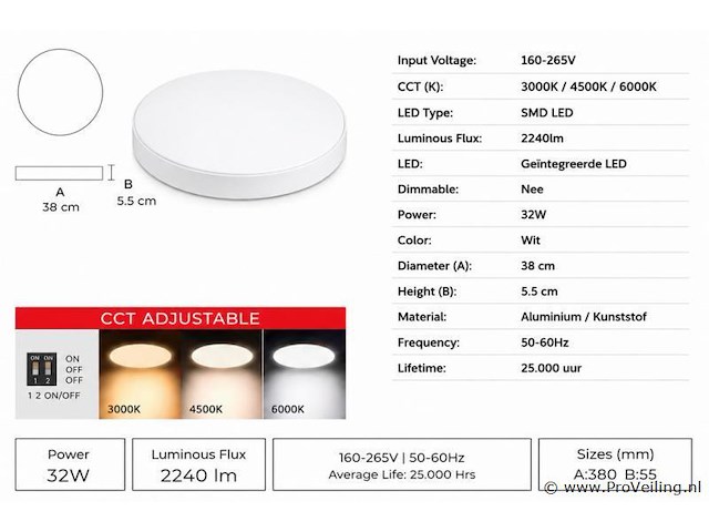 4 x led plafondlamp 32w – 3cct verstelbaar - wit – ip20 – hazel-32 3cct - afbeelding 4 van  5
