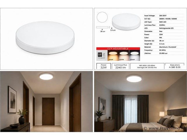 4 x led plafondlamp 32w – 3cct verstelbaar - wit – ip20 – hazel-32 3cct - afbeelding 5 van  5